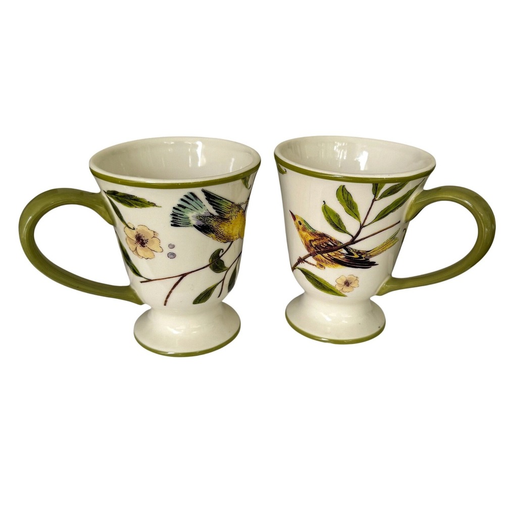 Noble Excellence "Bird Garden" Pedestal Cottagecore Decor Coffee Mugs - Set of 2